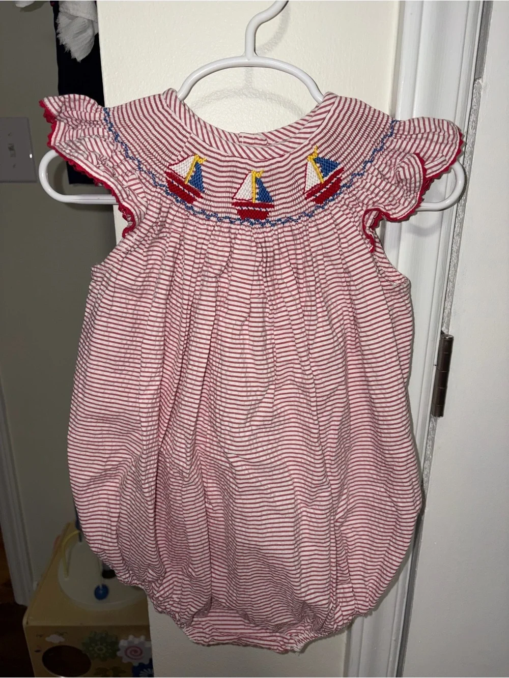 Red & White Striped Baby Bubble Romper with Sailboat Smocking